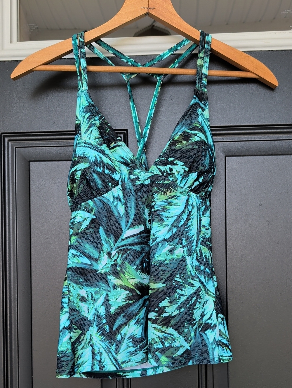 Athleta Napali Teal & Black Tropical Print Cross Strap Tankini Top Size XS